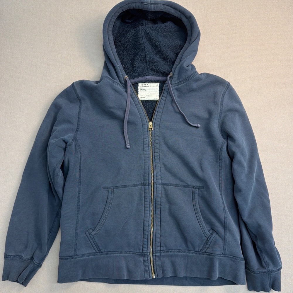J.Crew Mens Large Navy Blue Sherpa Lined Full Zip Hoodie Outerwear Fleece Jacket